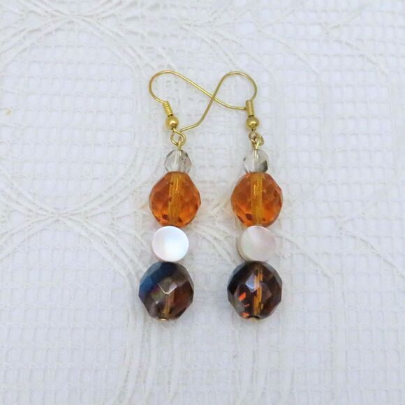 Handmade Dangle Crystal Earrings with Amber & Brown Crystals Women Sparkly - Picture 2 of 6